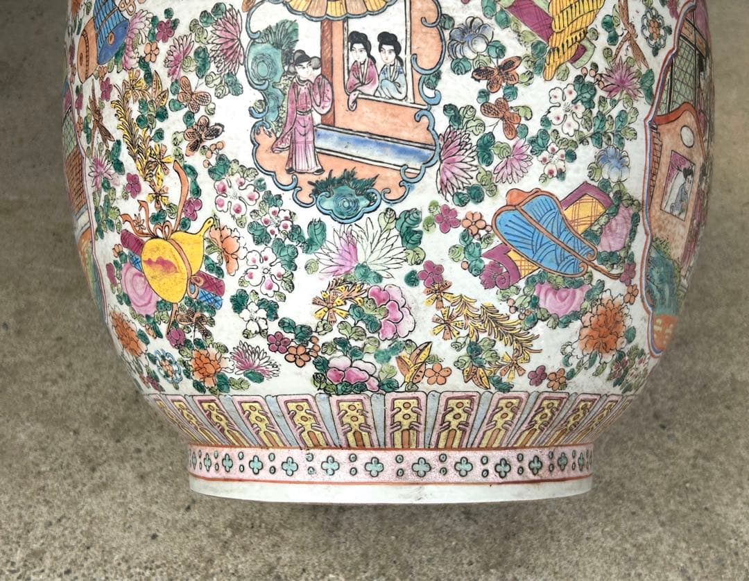 中国　粉彩人物花卉紋　植木鉢　大清乾隆年製銘　送料込み0717