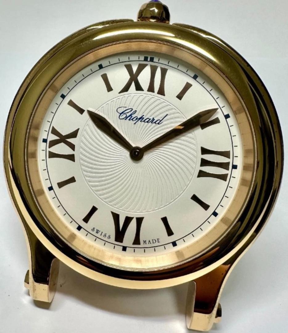 美品 ショパール　ハッピースポーツ　ゴールド トラベルテーブルクロック ケース付 美品 ショパール ハッピースポーツ ゴールド トラベルテーブルクロック