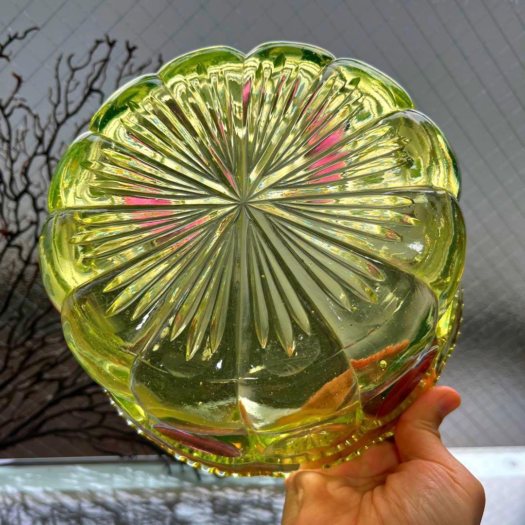 骨董 時代プレス ラスター彩釉薬 ギザフチ 大鉢 菓子器 ウランガラス