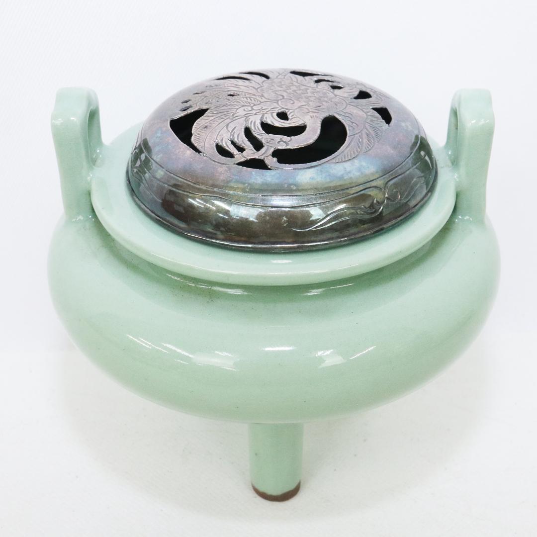 初代 諏訪蘇山 作 青磁 立耳 香炉 共箱 共布　鳳凰透火舎　帝室技芸員