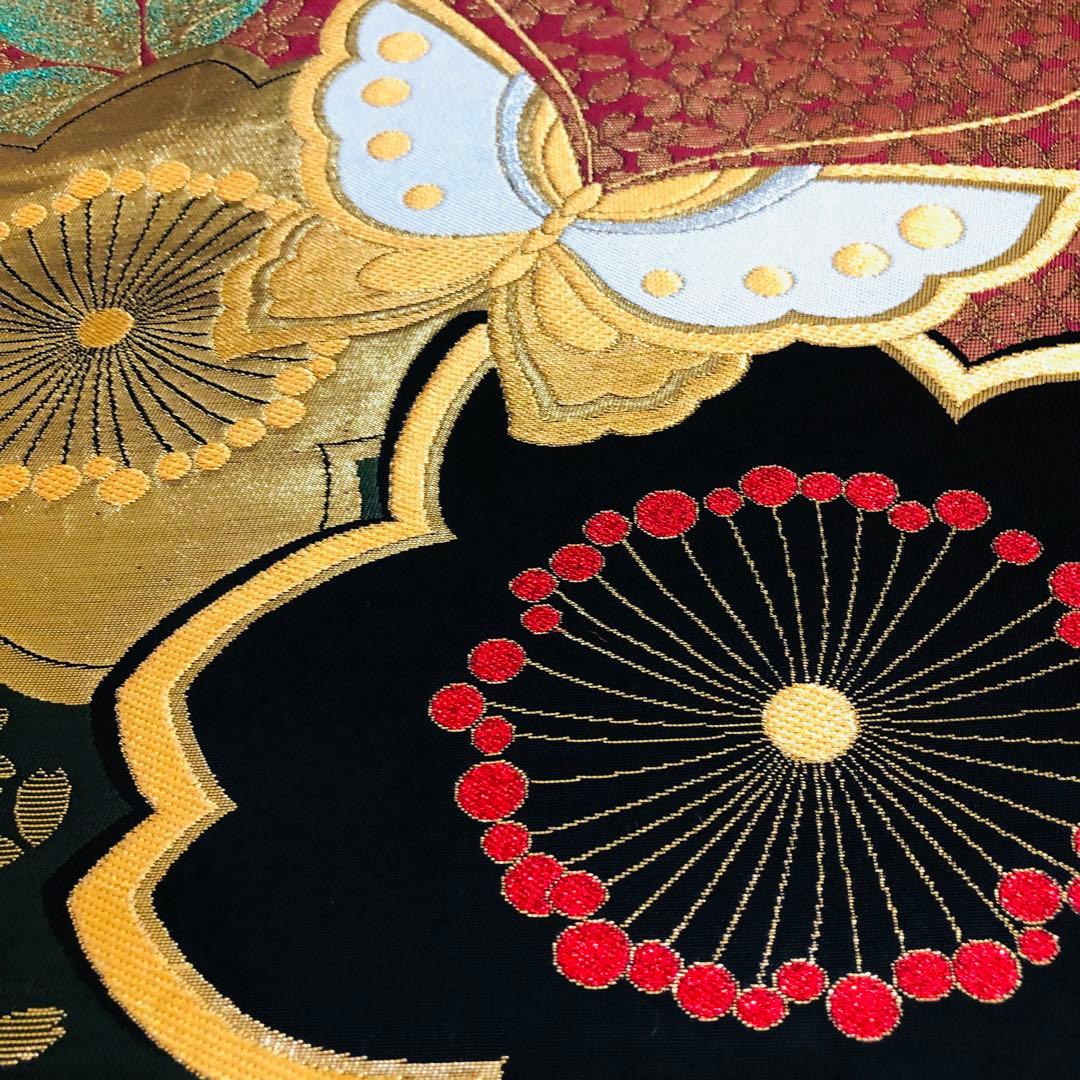 美品正絹袋帯‼️豪華黒地舞桜蝶々金銀糸刺繍煌びやか圧巻見惚れる銘品