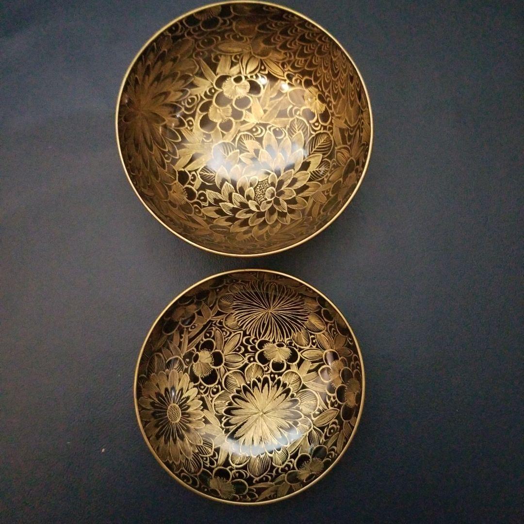 菫　黒漆塗 内総沈金 菊花紋詰 吸物椀 汁椀 茶道具 懐石 菓子椀　2客