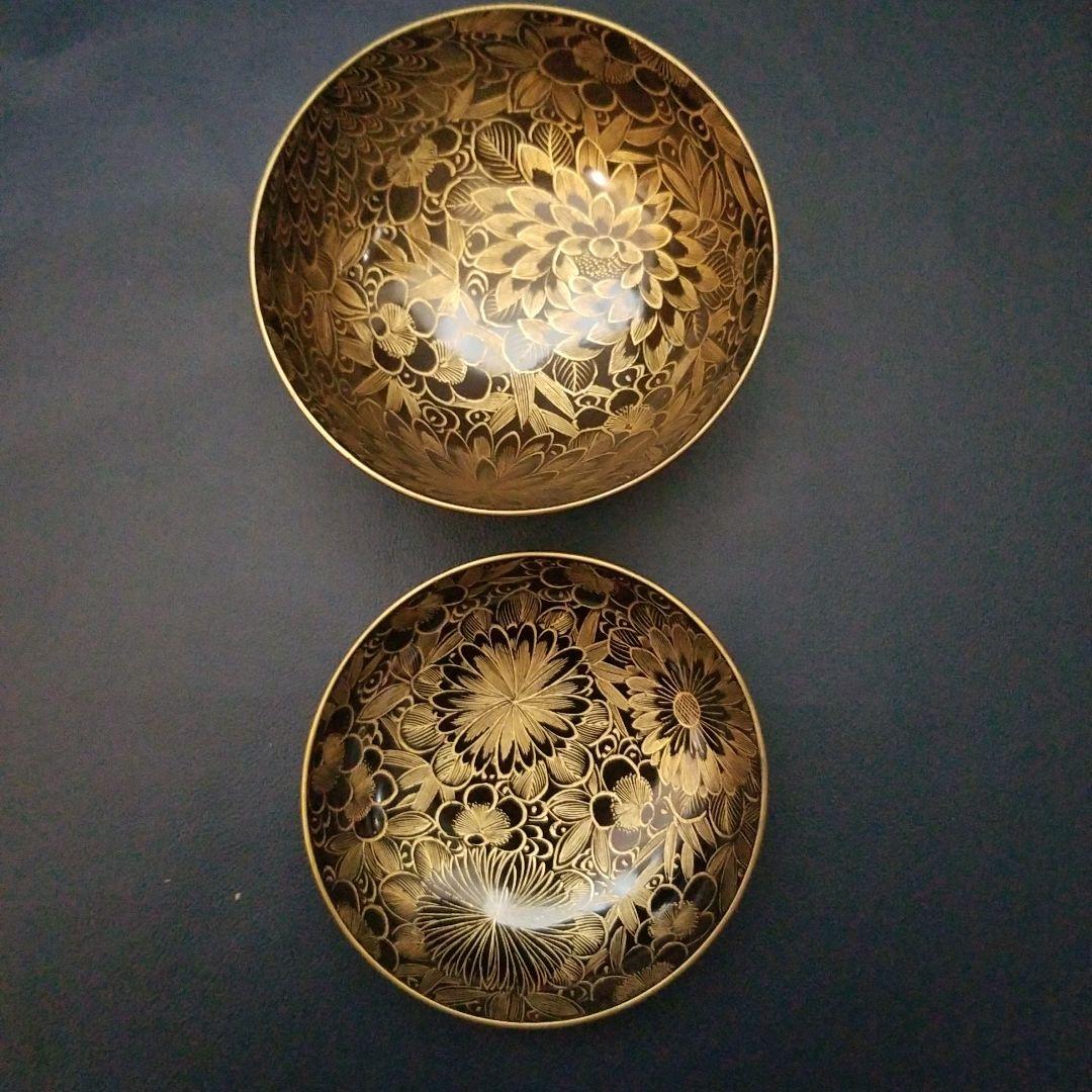 菫　黒漆塗 内総沈金 菊花紋詰 吸物椀 汁椀 茶道具 懐石 菓子椀　2客