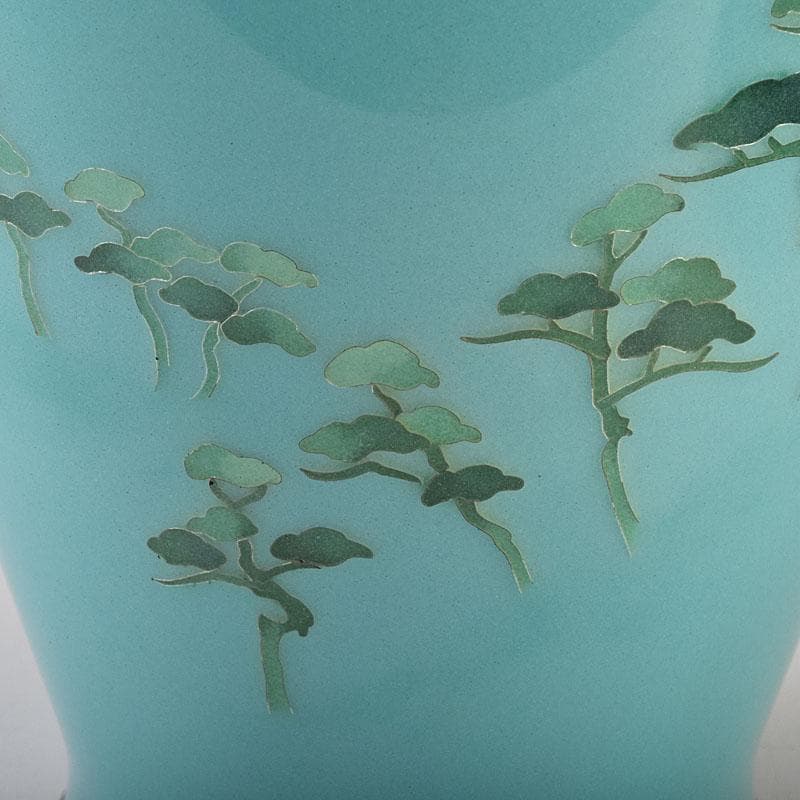 七宝焼 青釉 富士松文 花瓶 唐木台付 共箱 M R9509 美術品・アンティーク・