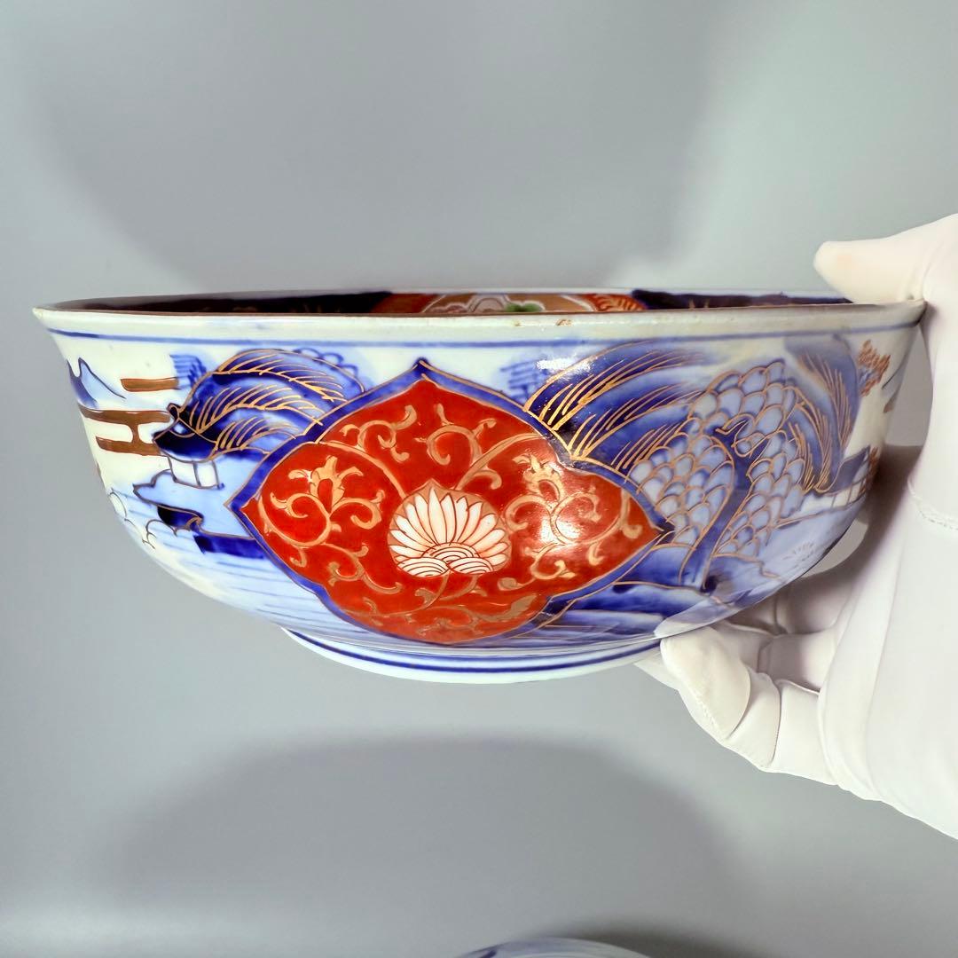 1900年代初頭 錦手 山水図三ツ鉢 箱有 青海波文 舟