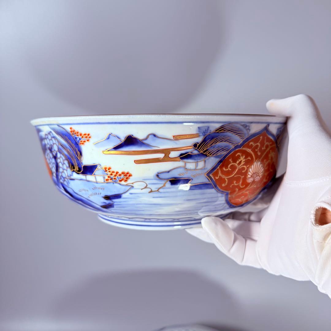 1900年代初頭 錦手 山水図三ツ鉢 箱有 青海波文 舟