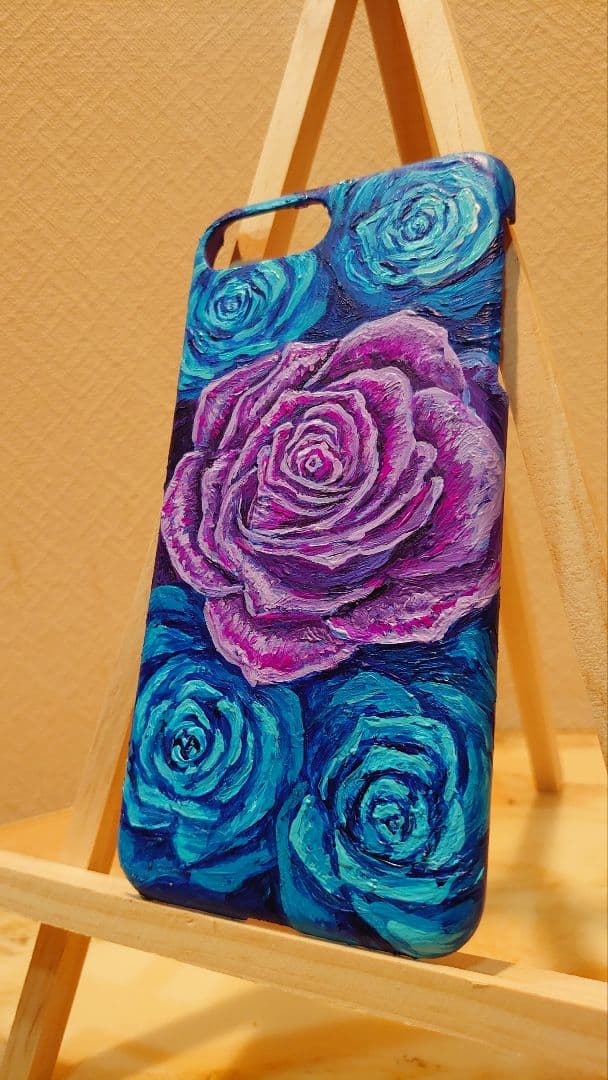 油絵  スマホケース【青と紫薔薇】iPhone8Plus/iPhone7Plus