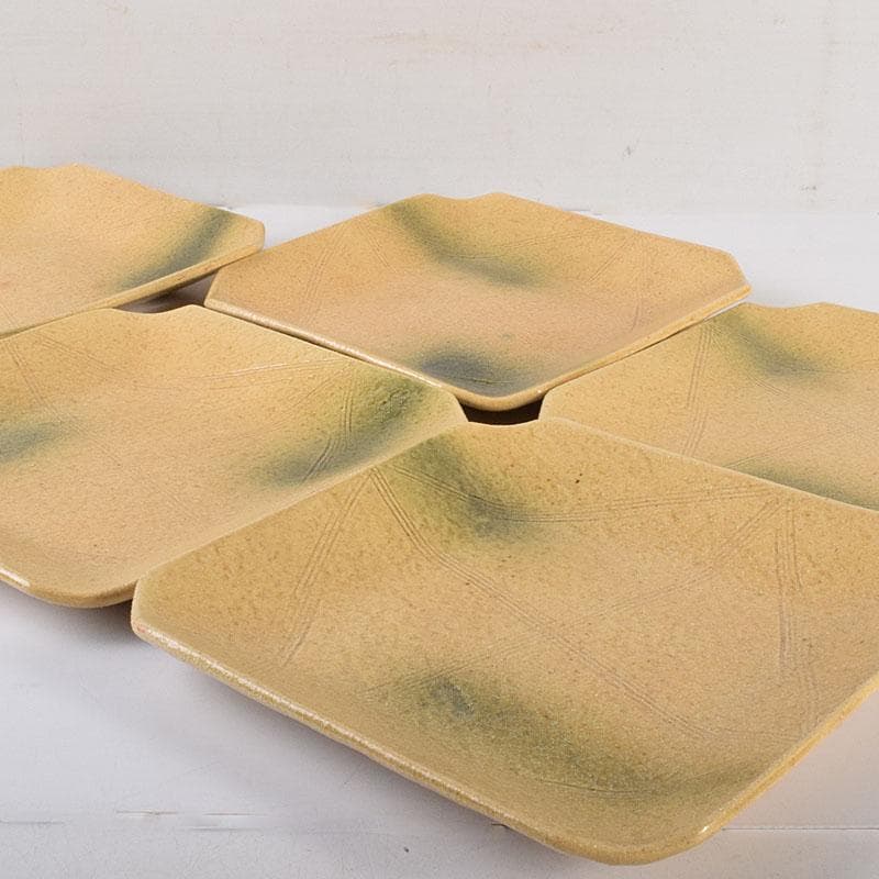 和食器 瀬戸焼 黄瀬戸 美濃不二窯 佐藤和子造 角皿 5客 共箱 VR7786C