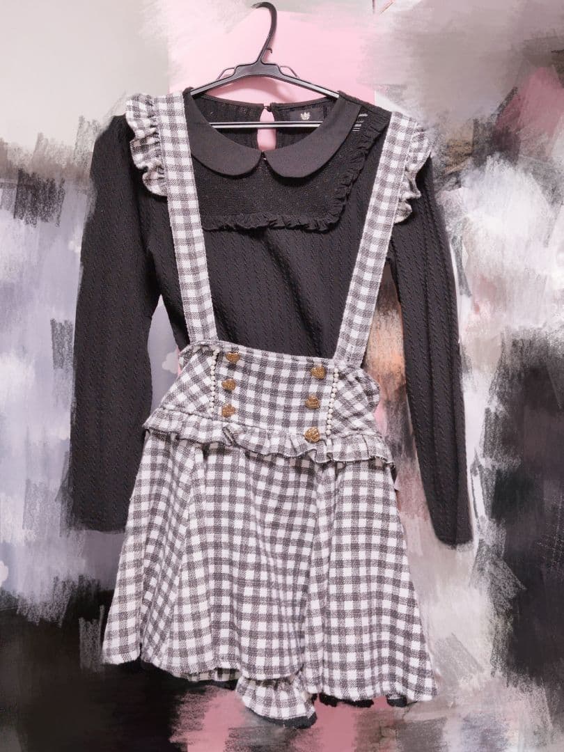 LIZLISA ギンガムツイードサスペンダー付きスカパン ROJITA ニット