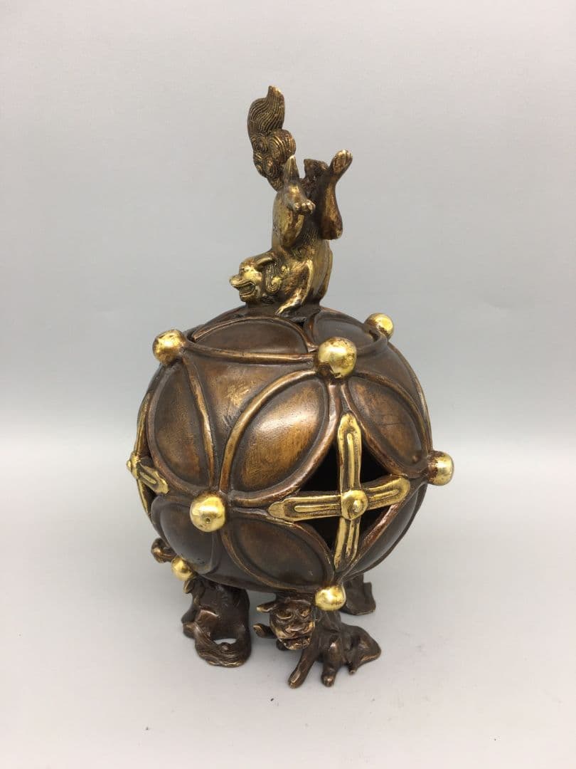 ライオン 香炉 銅器 開運 風水 重厚 極細工 装飾品 工芸品 美術品 置物