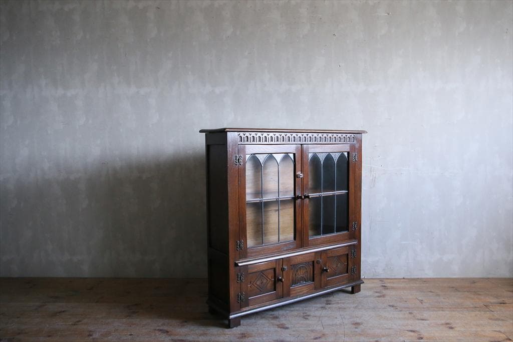 英国アンティーク木製ブックケースキャビネット/本棚/食器棚/飾り棚(87-86)