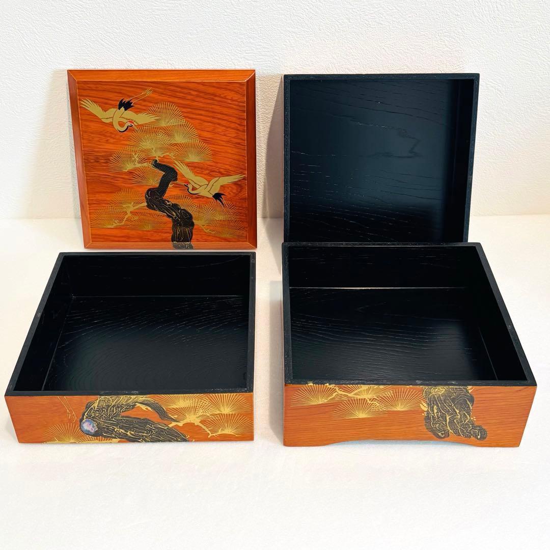 輪島塗 角丸五段重 蓋二枚 黒内朱 木製