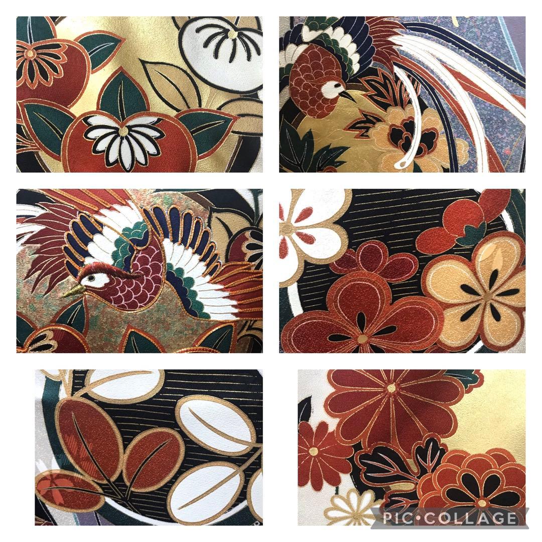 振袖フルセット 正絹 9点 白 伝統祝い花 尾長鶏 シックカッコイイ