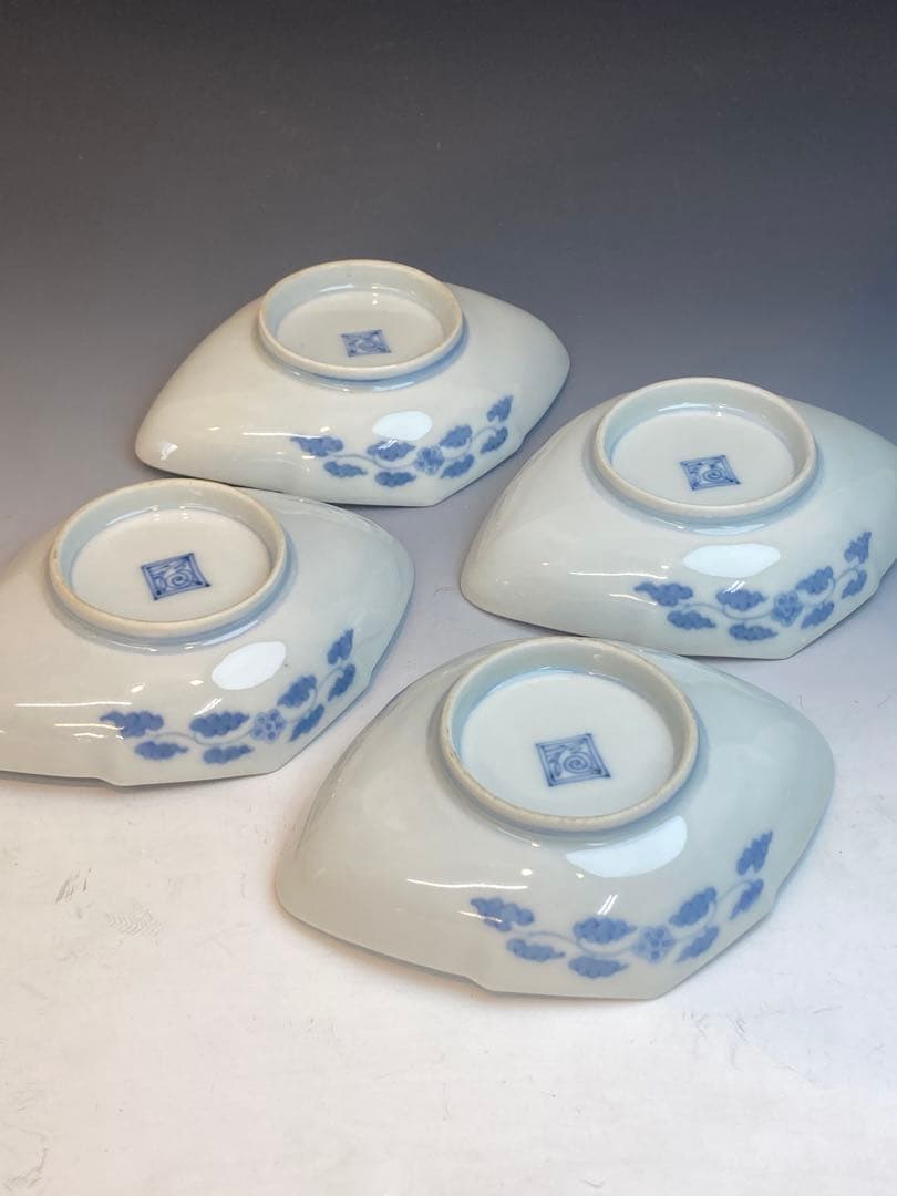 柿右衛門 染錦流水紅葉文菱形皿4客 角福在銘