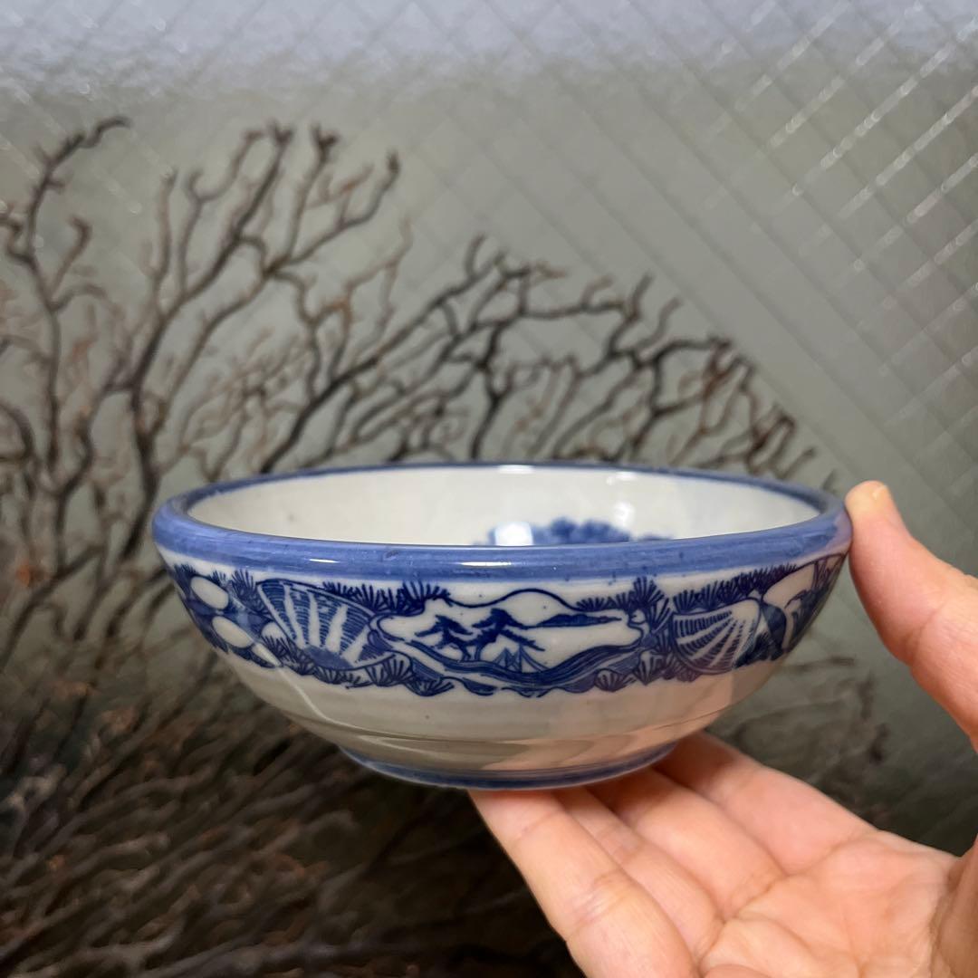 骨董 古伊万里 図変わり印判 動物 波乗り兎 老松 貝フチ 丸鉢 膾皿