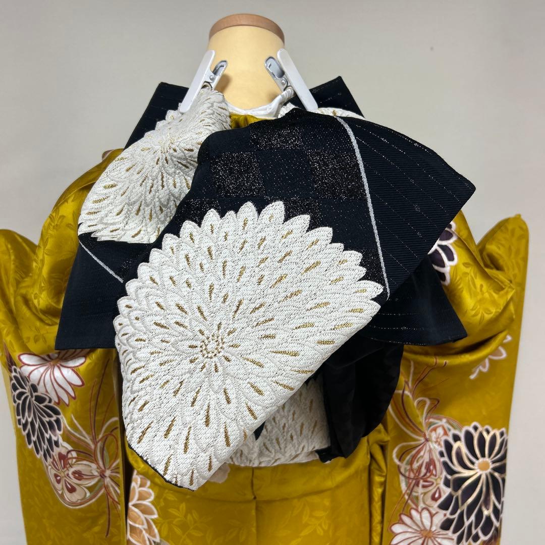 からし色 シックな菊の柄の振袖フルセット からし色シック