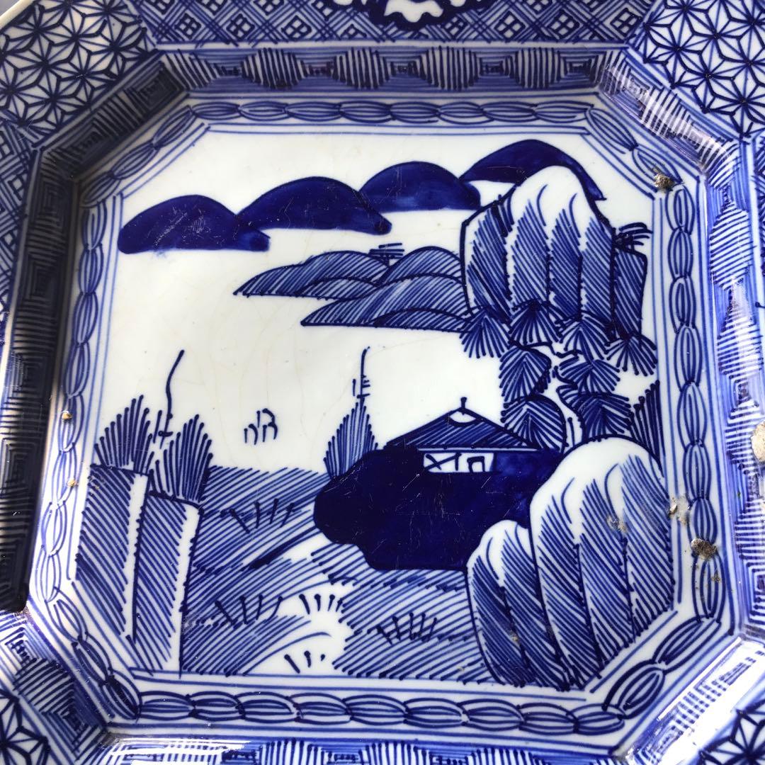 美品 古伊万里 陶器 年代物 盛り皿 角皿 八角絵皿 線画 山水