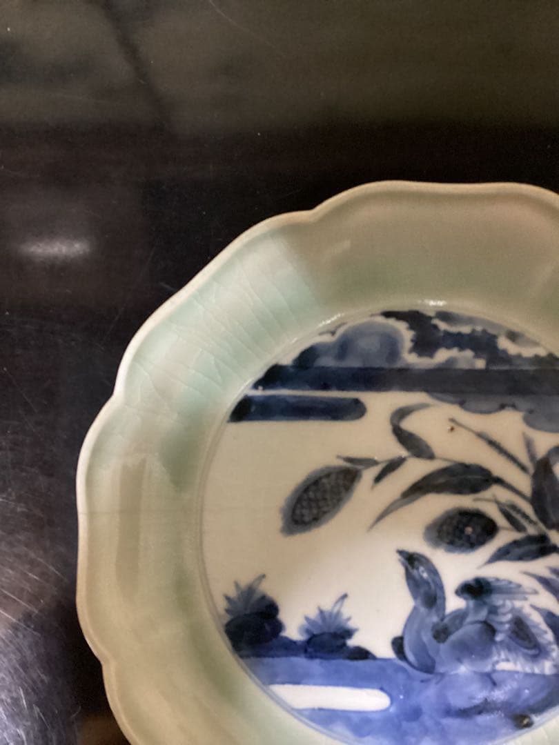 江戸初期青磁染付図皿　古伊万里コレクション買取出品　時代物