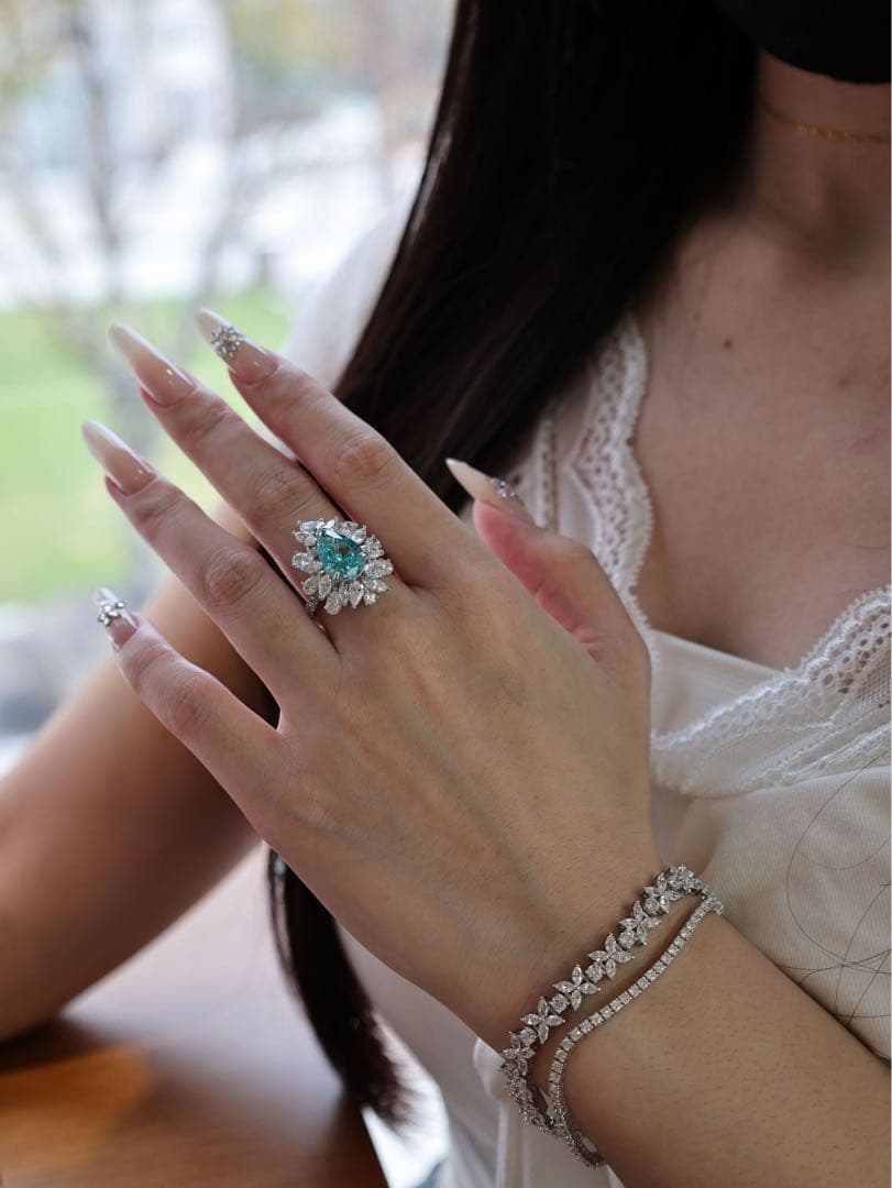 【S925純銀】ラボグロウン・パライバ リング／6.5ct／ハローセッティング