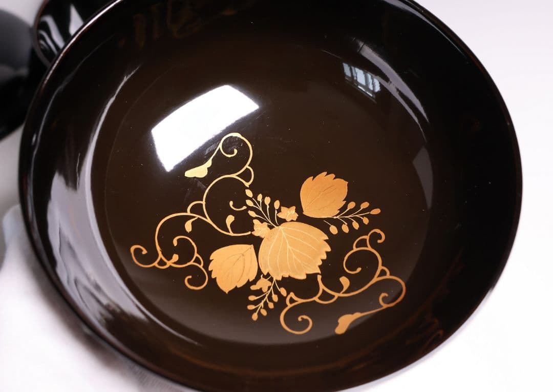 MB194】天然木漆塗 鳳凰桐唐草 金蒔絵 黒塗 吸物椀 三客 大正昭和
