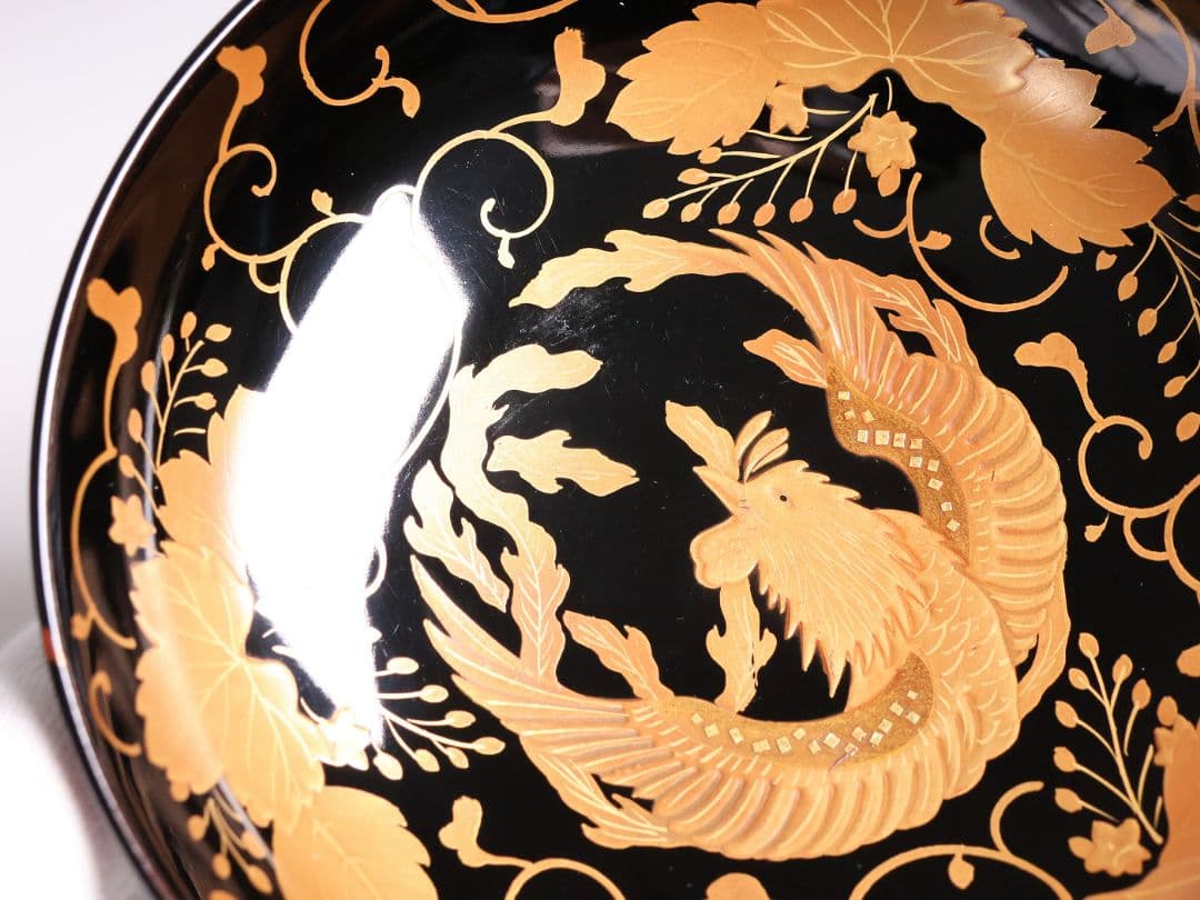 MB194】天然木漆塗 鳳凰桐唐草 金蒔絵 黒塗 吸物椀 三客