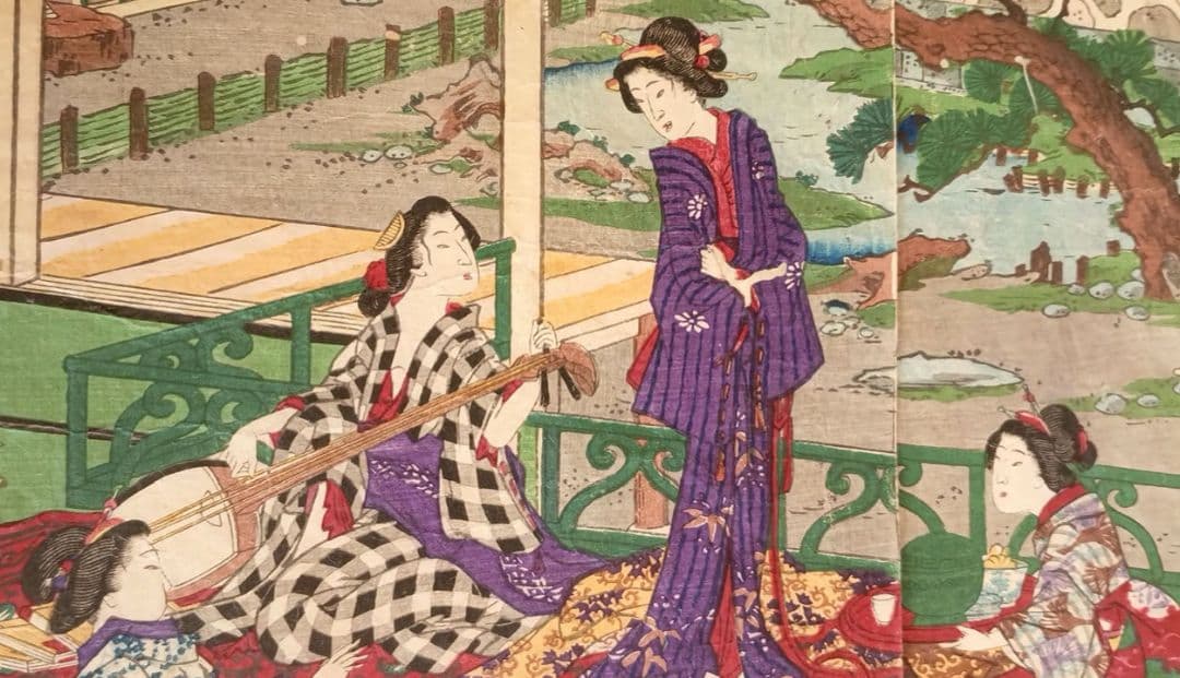 稀浮世絵版画、温泉遊客之圖三枚綴り、歌川芳藤画明治15年出版 - メルカリ