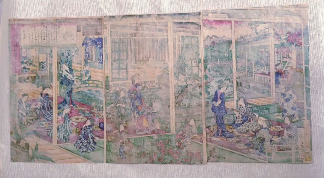 稀浮世絵版画、温泉遊客之圖三枚綴り、歌川芳藤画明治15