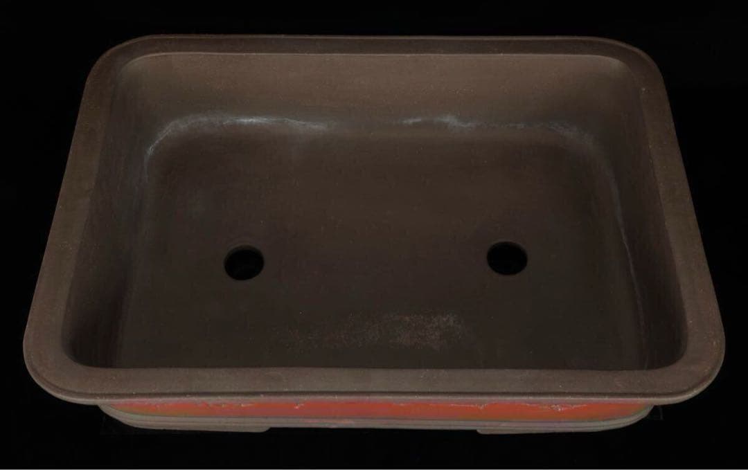 中国古盆器】中国宜興 紫砂 朱泥外縁長方盆栽鉢 釘彫