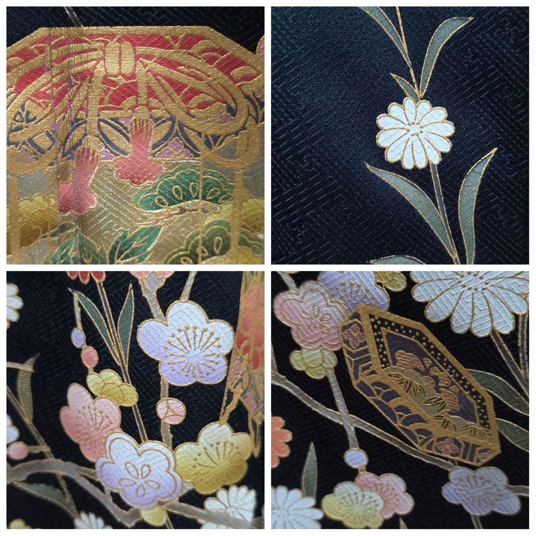 A5 高島屋扱い 笹に金駒刺繍の菊模様 白 金彩 正絹 袷 振袖 着物 K12