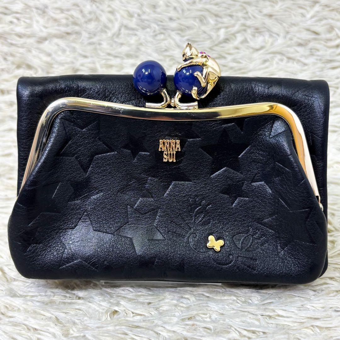 【未使用級】アナスイ プレイングキャット 折り財布 がま口 ブラック レディース