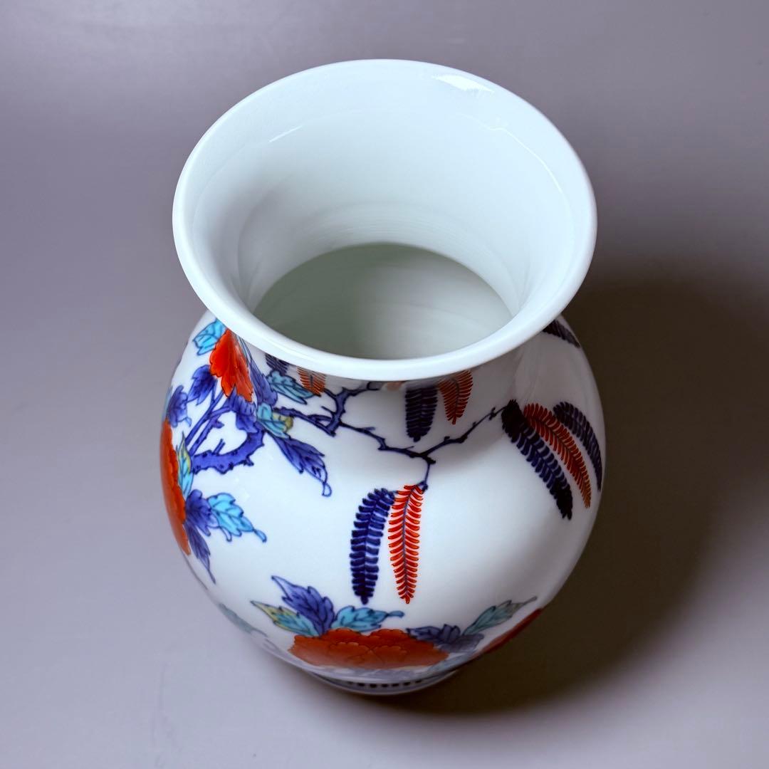 人間国宝 今泉今右衛門 錦岩牡丹絵花瓶 在銘 共箱 櫛