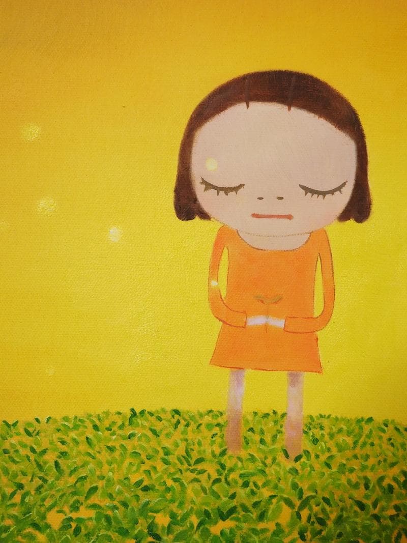 人物画　油絵　奈良美智　女の子と草原　F6　額付き　手描き　肉筆