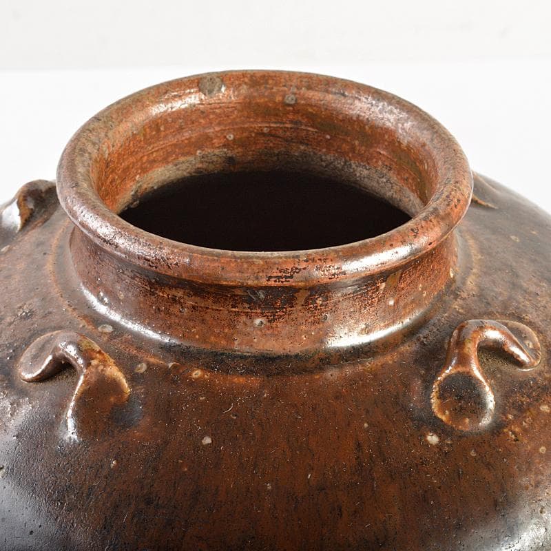 瀬戸焼　古瀬戸　四耳壷　葉茶壷　木製蓋付　高さ約24cm　時代箱　VR7341B