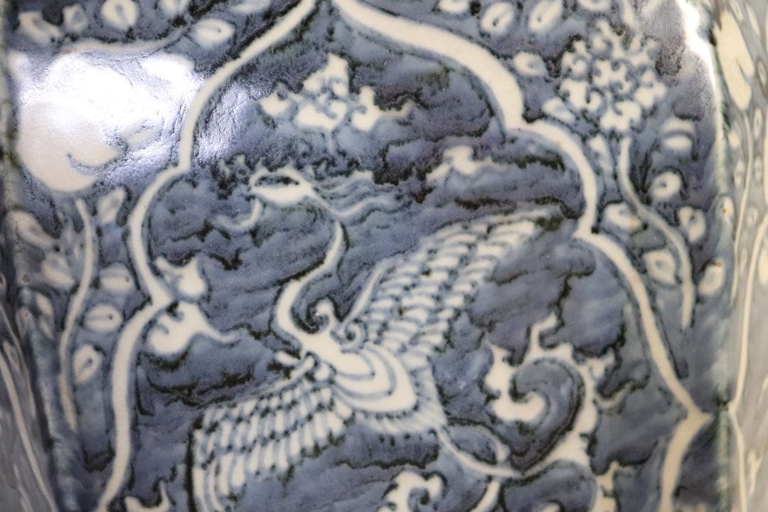 中国 染付六角瓶 鳳凰&雲鶴紋 送料込み1116