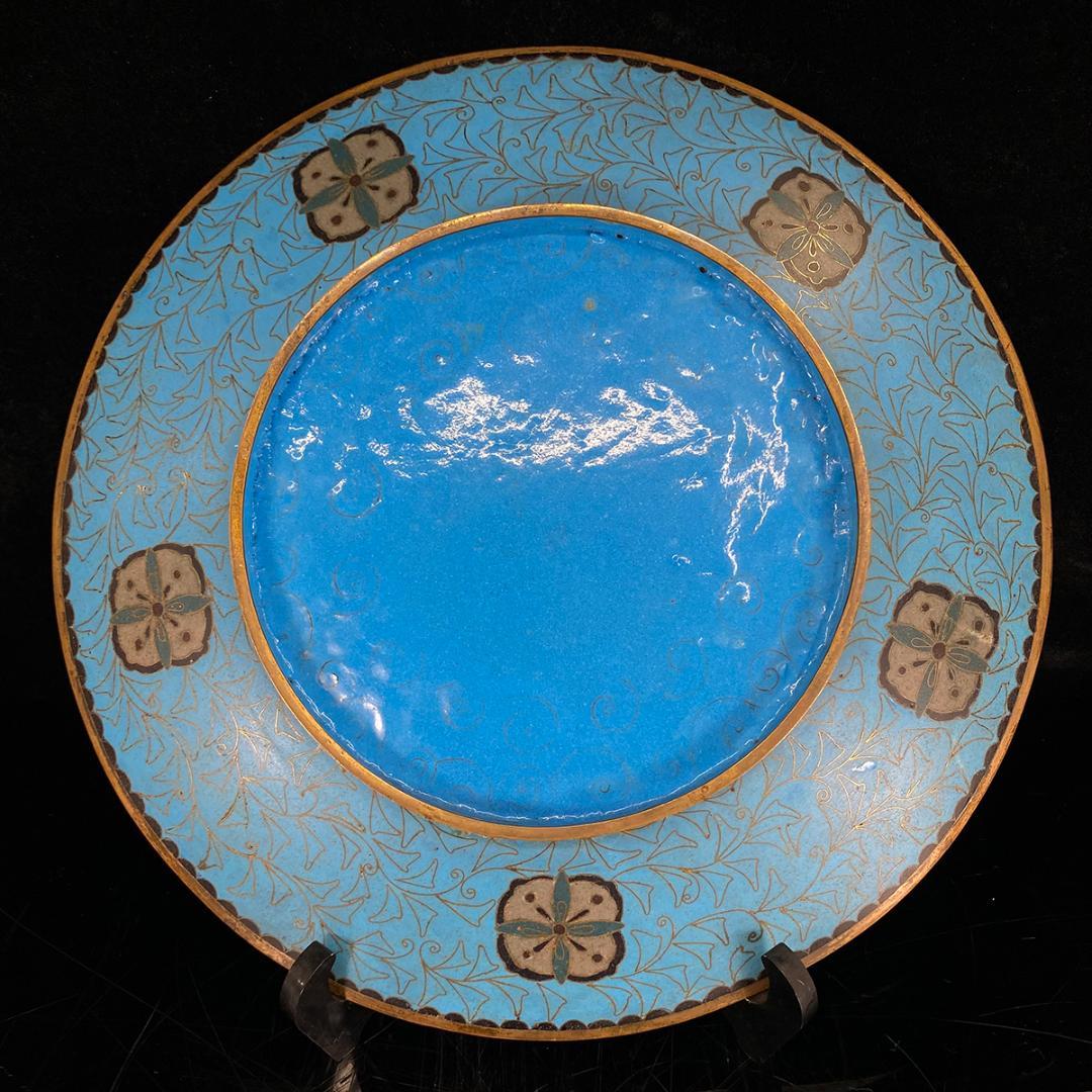 随心堂】希少品 景泰藍焼 七宝焼 銅線有 牡丹鷹雀花鳥文飾皿 共箱 銅