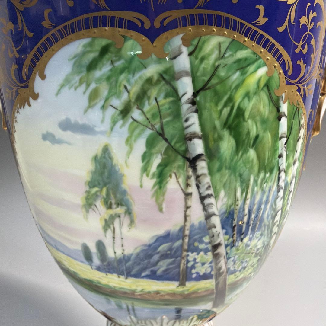 ノリタケ 飾り壺 金彩 コバルトブルー ハンドペイント 風景