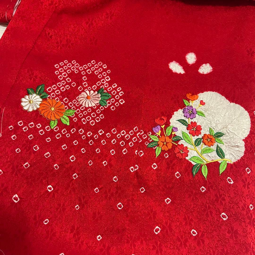 七五三 3歳 フルセット 総絞り 着物 正絹 被布 刺繍 三歳 赤 草履 753