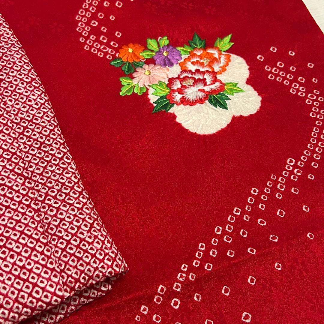 七五三 3歳 フルセット 総絞り 着物 正絹 被布 刺繍 三歳 赤 草履 753