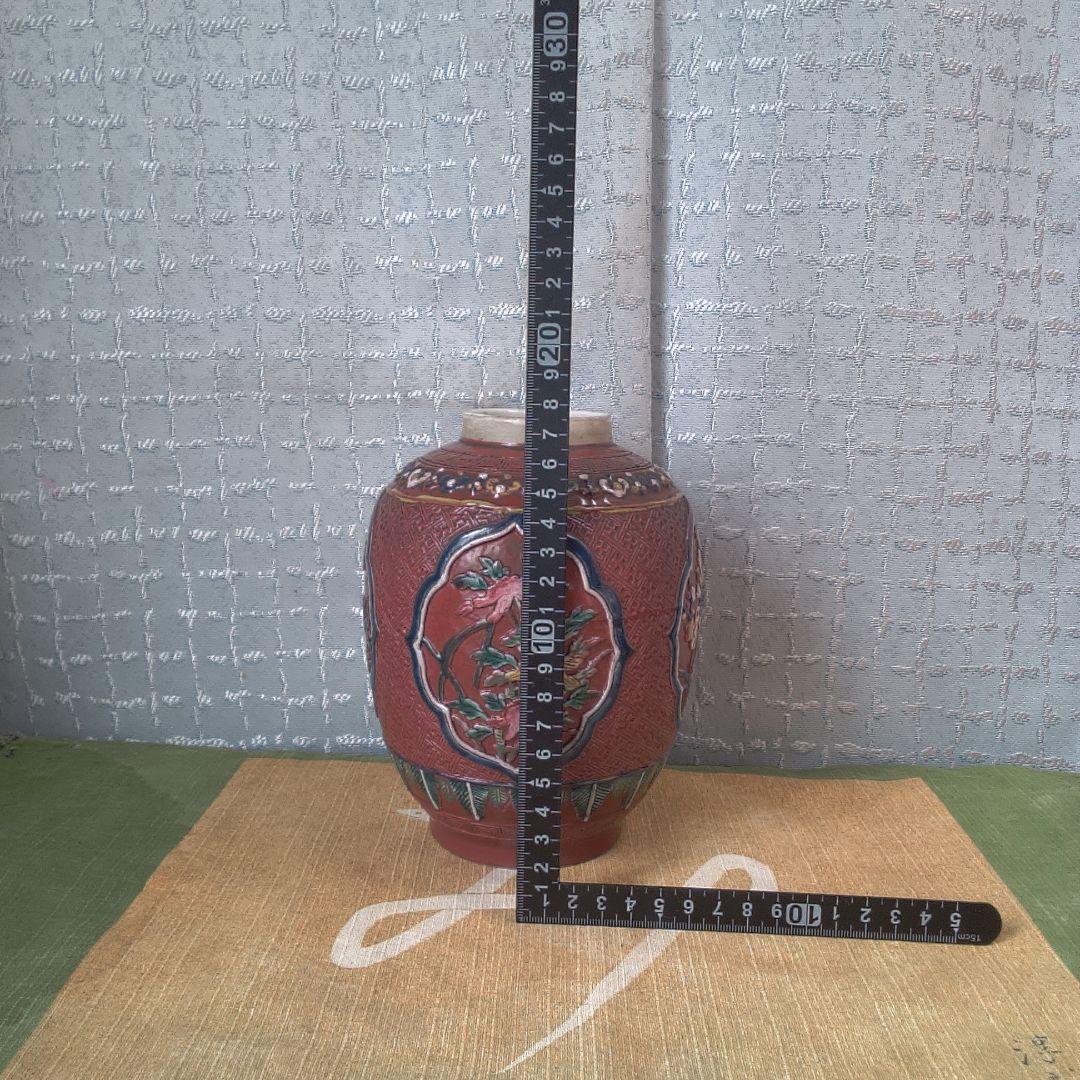 骨董 レトロ アンティーク赤い陶器製印籠 花模様