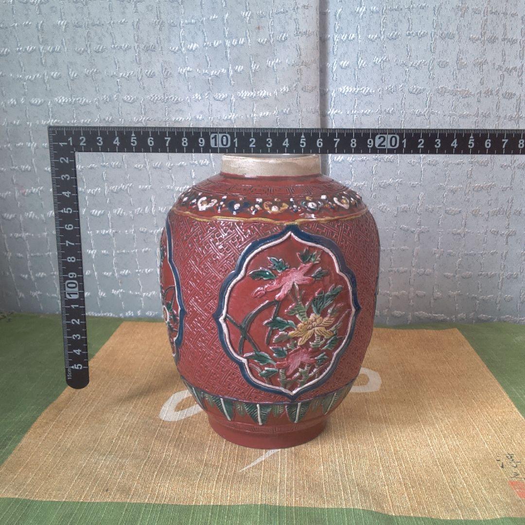 骨董 レトロ アンティーク赤い陶器製印籠 花模様