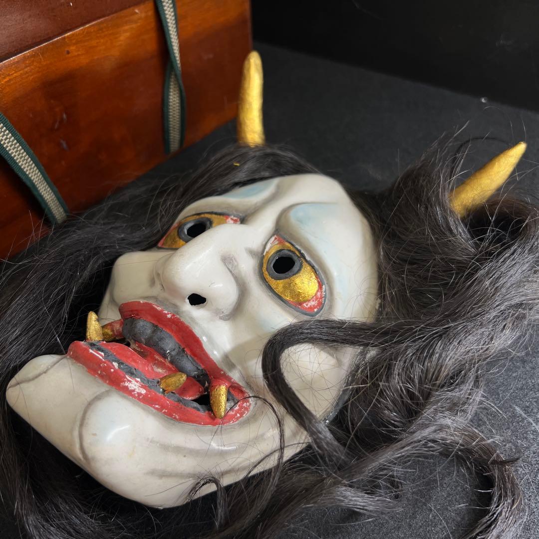 時代乾漆ハンニャ能面 木箱付 顔幅約12.3㎝ 東Y8-0116☆2Fタサチ