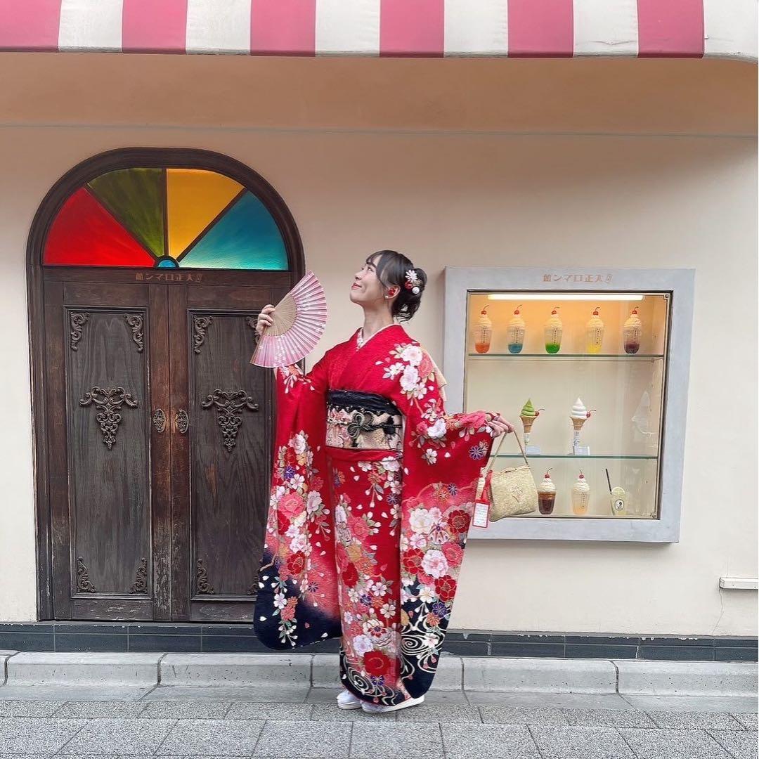 華やかな赤色の振袖　4〜6点フルセット 今田美桜 振袖フルセット 振袖セット 振袖 LL ワイドサイズ 赤×新古典