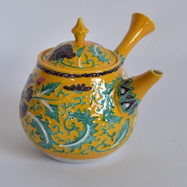 煎茶道 高野昭阿弥作 黄交趾唐草模様　煎茶急須