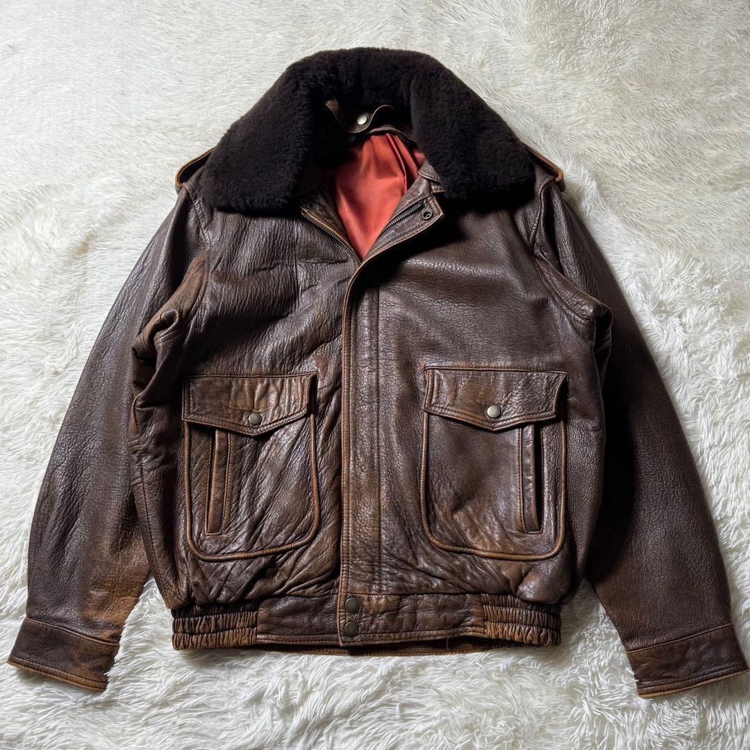 90s G-1 フライトレザージャケット L ダークブラウン 特大襟ボア 短丈