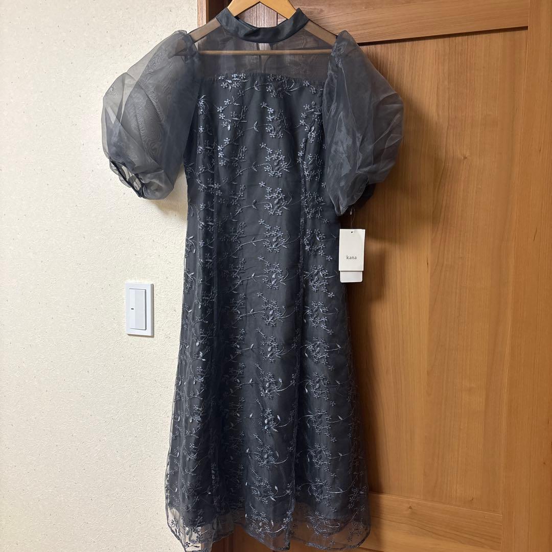 シアー素材 ボリューム袖 刺繍レース ワンピース パーティー ドレス 結婚式