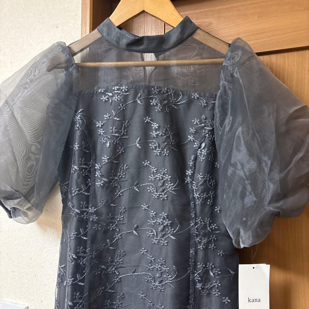 シアー素材 ボリューム袖 刺繍レース ワンピース パーティー ドレス 結婚式