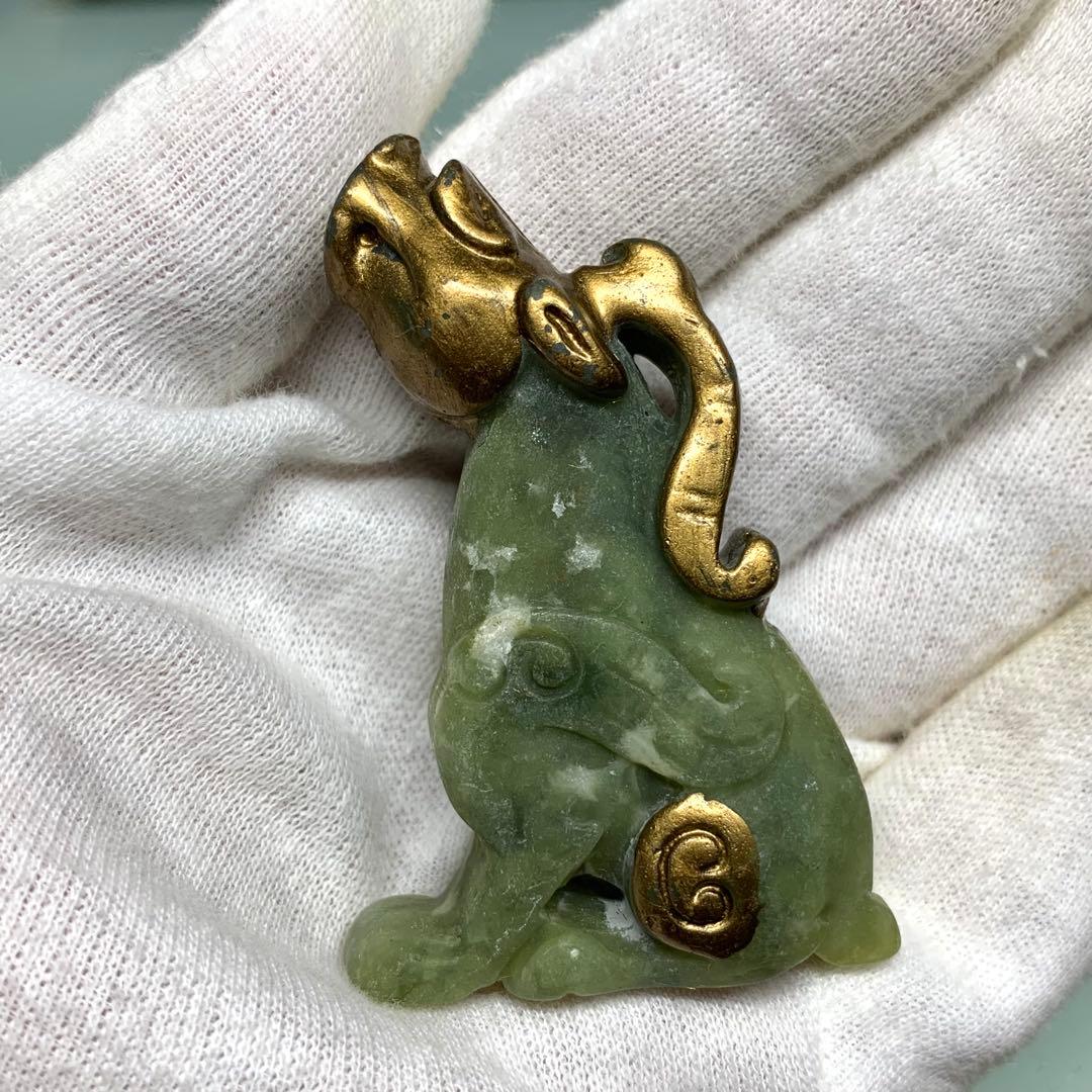 旧蔵時代物 天然 漢代 描金 高古玉 金虎 金神獸 根付 御守り