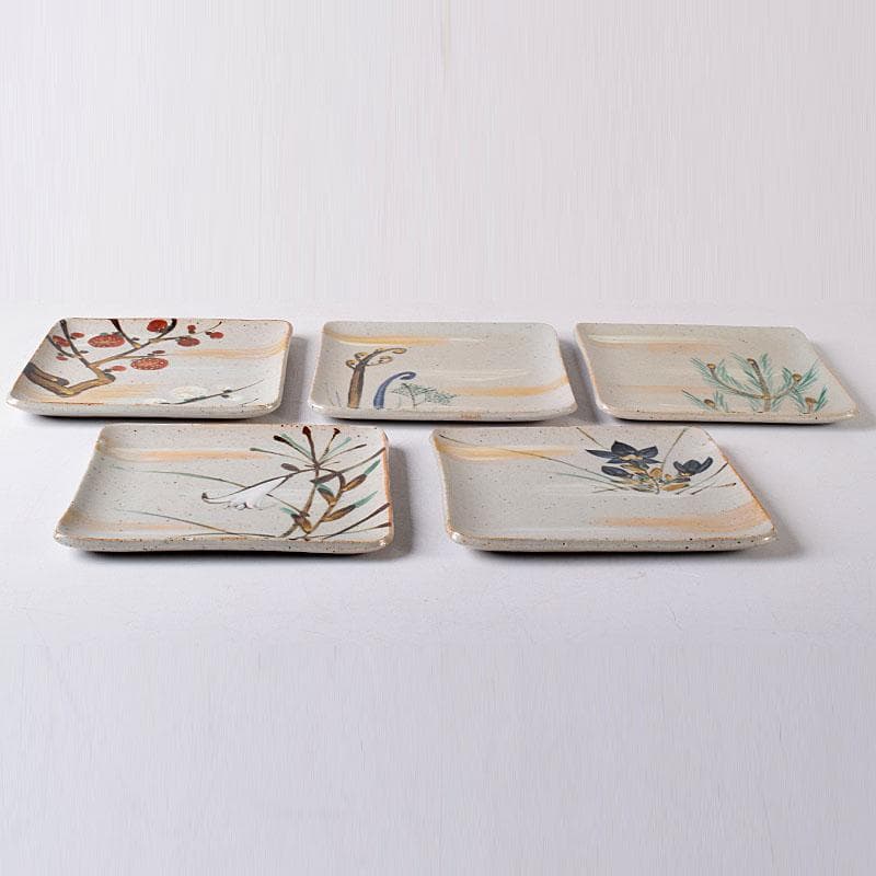 和食器　美濃焼　加藤幸兵衛陶窯　色絵　絵変銘々皿　5客　共箱　N　7598