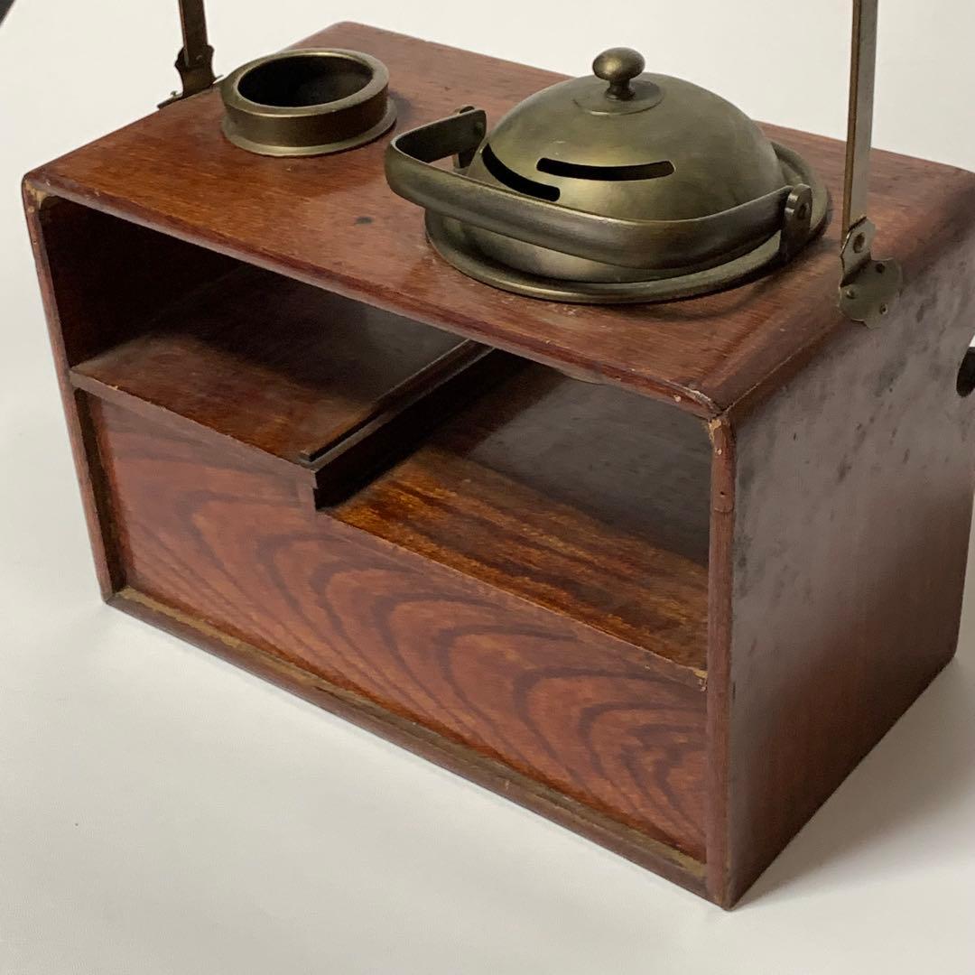 京都 時代物 欅製 銅手付小引出付 四方形 煙草盆 欅四方形