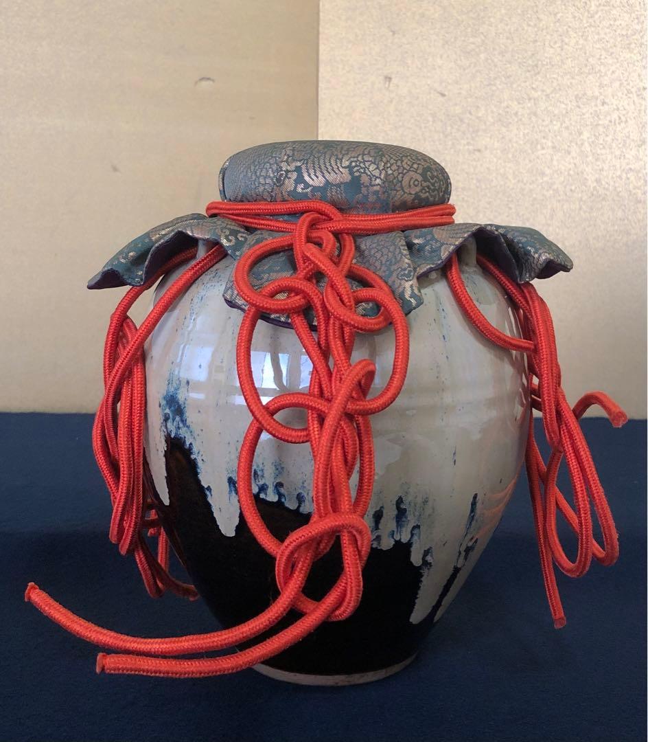 《R》茶道具 四つ耳 飾壷 飾り紐 網紐 口覆 在銘 共箱　250723E6